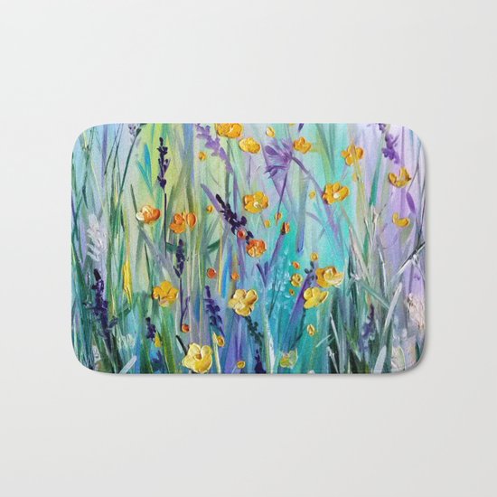 Flowers field at dawn Bath Mat