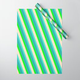 [ Thumbnail: Turquoise, Light Sea Green, Lime & Bisque Colored Stripes/Lines Pattern Wrapping Paper ]