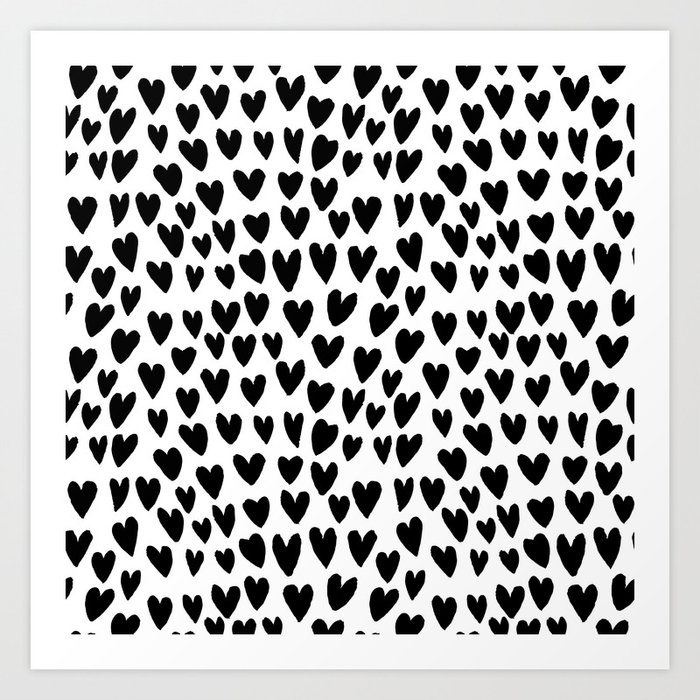 Linocut printmaking hearts pattern minimalist black and white heart gifts Art Print