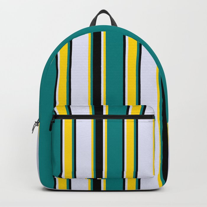 Teal, Yellow, Lavender & Black Colored Striped Pattern Backpack