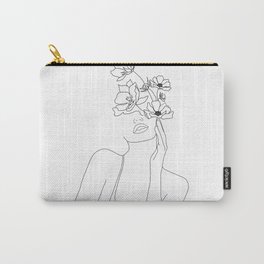 Minimal Line Art Woman with Flowers Carry-All Pouch | Spring, Pose, Nude, Line, Woman, Beauty, Blooming, Nature, Curated, Linedrawings 