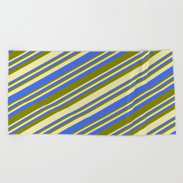 [ Thumbnail: Pale Goldenrod, Royal Blue, and Green Colored Lined Pattern Beach Towel ]