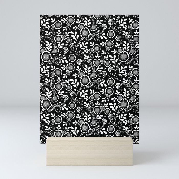 Black And White Eastern Floral Pattern Mini Art Print