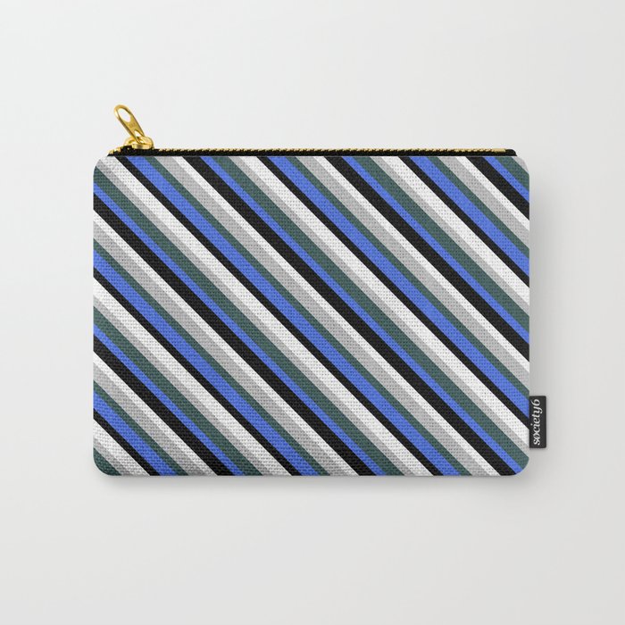 Vibrant Grey, Dark Slate Gray, Royal Blue, Black & White Colored Lines Pattern Carry-All Pouch