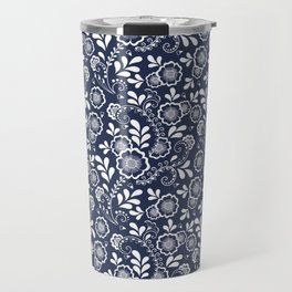 Navy Blue And White Eastern Floral Pattern Travel Mug