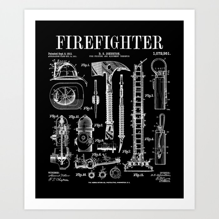 Firefighter Fire Department Fireman Vintage Patent Print Art Print