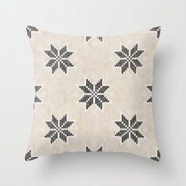 Cozy Boho Nordic Christmas Knitted Snowflakes Pattern Neutral and Black Throw Pillow