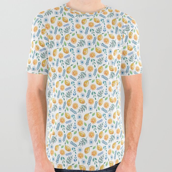 Lemons and Olives Mediterranean Pattern (Orange and Blue tone) All Over Graphic Tee