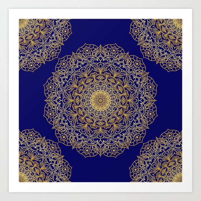 Gold mandala blue background Art Print by Dorvidesign | Society6