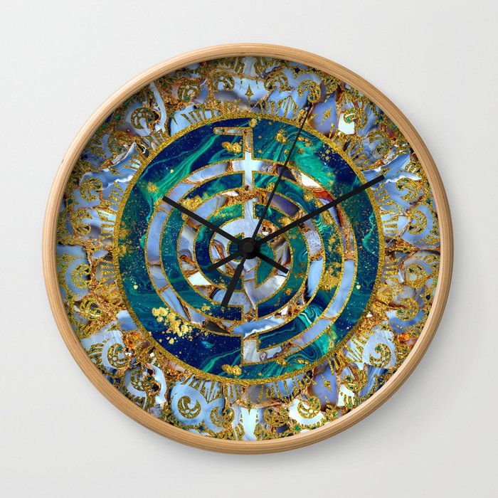 Choku Rei Symbol in Mandala on Marble and Gold Wall Clock