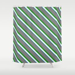 [ Thumbnail: Colorful Grey, Forest Green, Mint Cream, Sky Blue & Black Colored Pattern of Stripes Shower Curtain ]