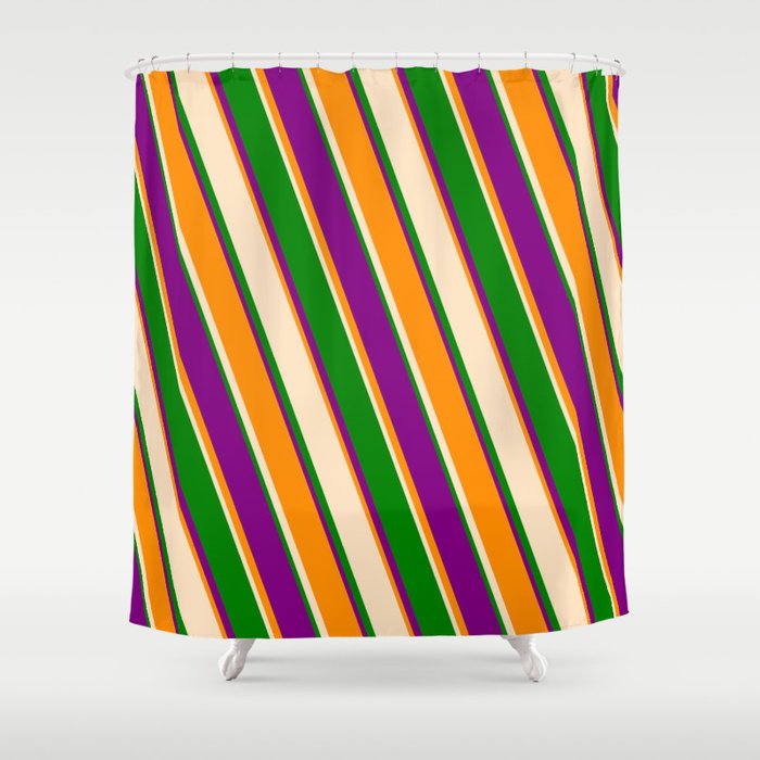 Dark Orange, Bisque, Green, and Purple Colored Stripes Pattern Shower Curtain