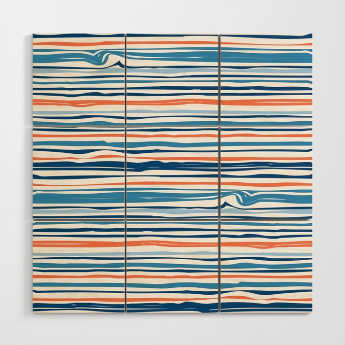 Modern Abstract Ocean Wave Stripes in Classic Blues and Orange Wood Wall Art