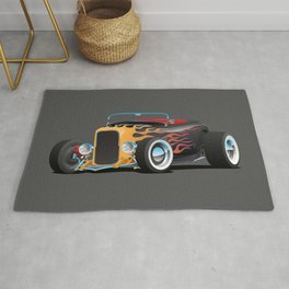 Custom Hot Rod Roadster Car with Flames, Chrome Rims and White Wall Tires Rug | Style, Retro, Art, Paint, Streetrod, Vector, Design, 1930S, Race, Flames 