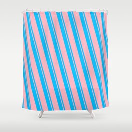 [ Thumbnail: Deep Sky Blue and Light Pink Colored Striped/Lined Pattern Shower Curtain ]