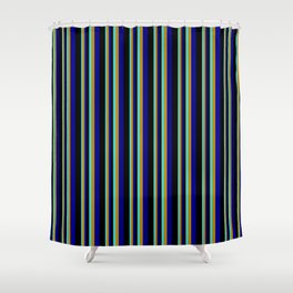 [ Thumbnail: Turquoise, Dark Goldenrod, Dark Blue & Black Colored Stripes Pattern Shower Curtain ]