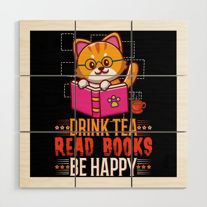 Kawaii Cat Drink Tea Read Book Reading Bookworm Wood Wall Art