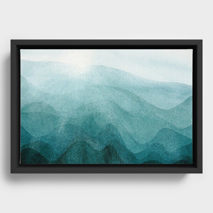 Sunrise in the mountains, dawn, teal, abstract watercolor Framed Canvas