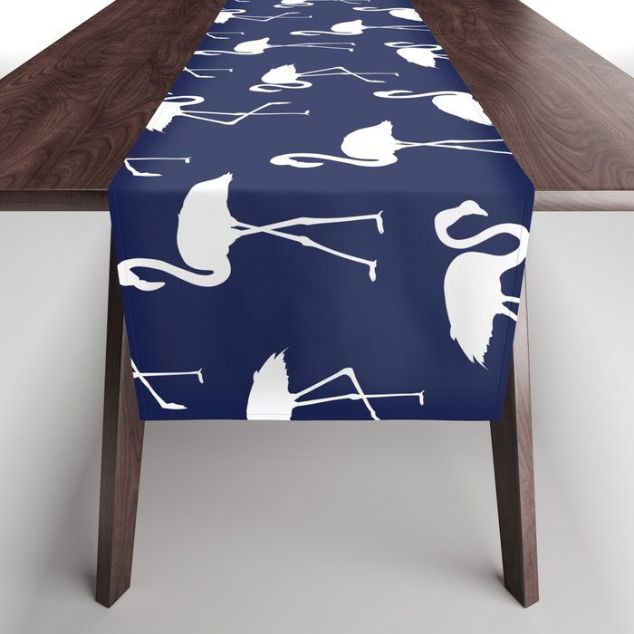White flamingo silhouettes seamless pattern on navy blue background Table Runner