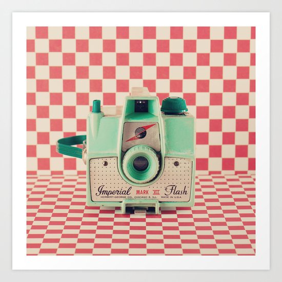 Mint Retro Camera on Red Chequered Background Art Print