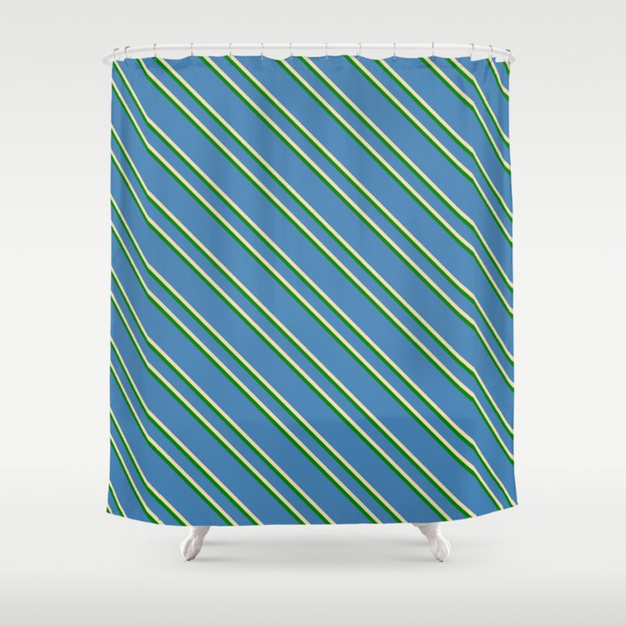 Blue, Tan & Green Colored Striped/Lined Pattern Shower Curtain