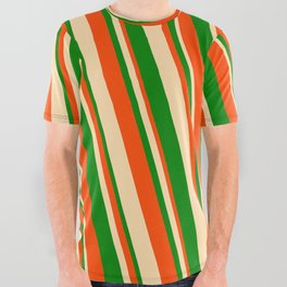 [ Thumbnail: Red, Tan, and Green Colored Striped Pattern All Over Graphic Tee ]