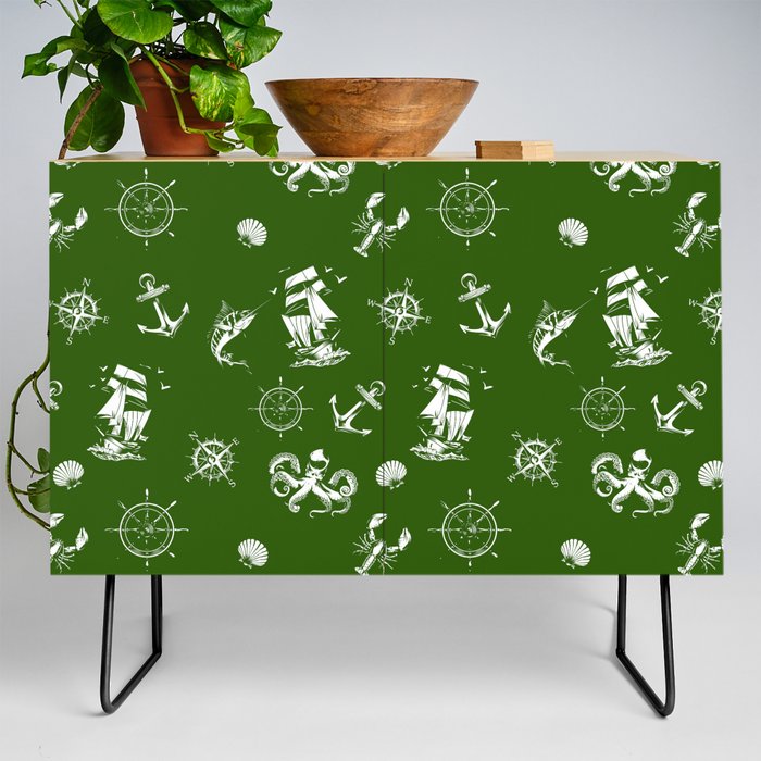 Green And White Silhouettes Of Vintage Nautical Pattern Credenza