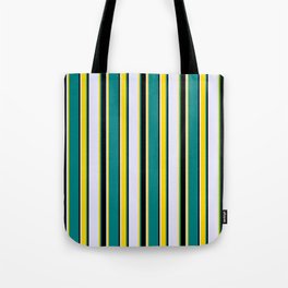 [ Thumbnail: Teal, Yellow, Lavender & Black Colored Striped Pattern Tote Bag ]