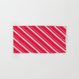 [ Thumbnail: Light Pink & Crimson Colored Striped Pattern Hand & Bath Towel ]