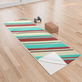 [ Thumbnail: Brown, Light Yellow, and Turquoise Colored Lined Pattern Yoga Towel ]