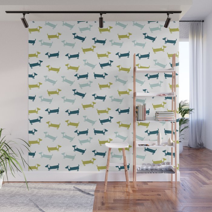 Blue and yellow green dachshunds pattern Wall Mural