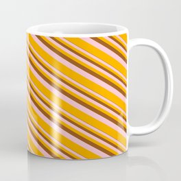 [ Thumbnail: Brown, Pink & Orange Colored Lined/Striped Pattern Coffee Mug ]