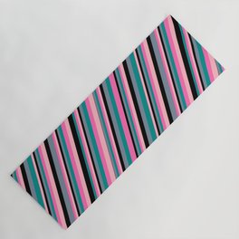 [ Thumbnail: Light Slate Gray, Dark Cyan, Hot Pink, Light Pink, and Black Colored Striped/Lined Pattern Yoga Mat ]