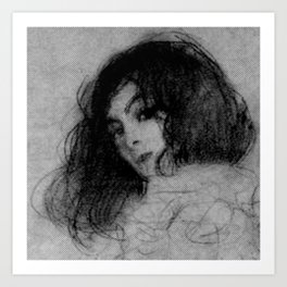 Gustav Klimt Sketch Black & White Abstract Halftone Edit Girl with Dark Wavy Hair Drawing Art Print