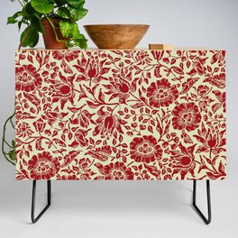Modern William Morris Red Cream Floral Leaves Pattern Credenza