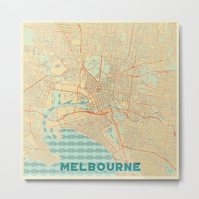 Melbourne Map Retro Metal Print