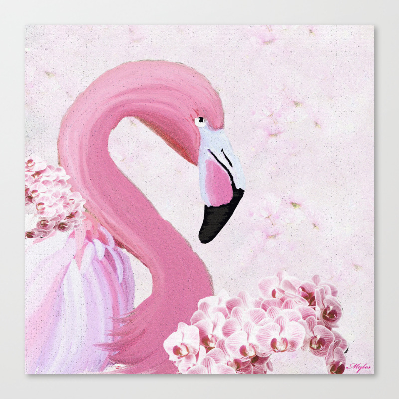 Pink Flamingo And Orchid Oil Painting Canvas Print By Saundramyles