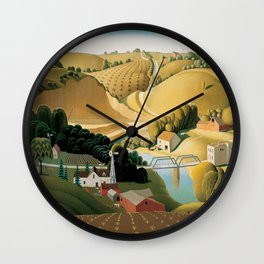 Stone City, Iowa, Rolling Hills, Great Plains Heartland landscape painting by Grant Wood Wall Clock