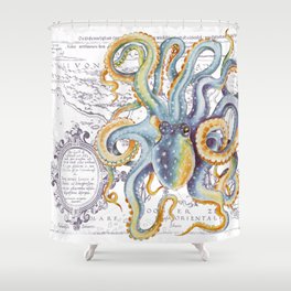Octopus Steel Blue Vintage Map Shower Curtain