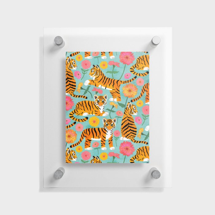 Tiger Cubs and Zinnias on Turquoise Floating Acrylic Print