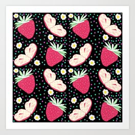 Strawberry Halves on Black Art Print