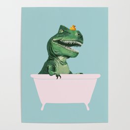 Playful T-Rex in Bathtub in Green Poster