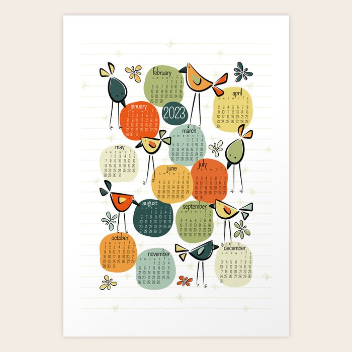 Bird Calendar 2023 Funny Birds Garden Party Vintage Colors Art