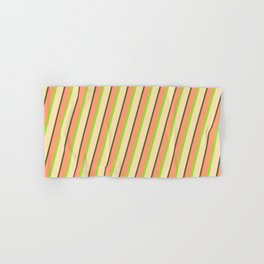 [ Thumbnail: Chartreuse, Beige, Dark Olive Green, and Light Salmon Colored Stripes/Lines Pattern Hand & Bath Towel ]