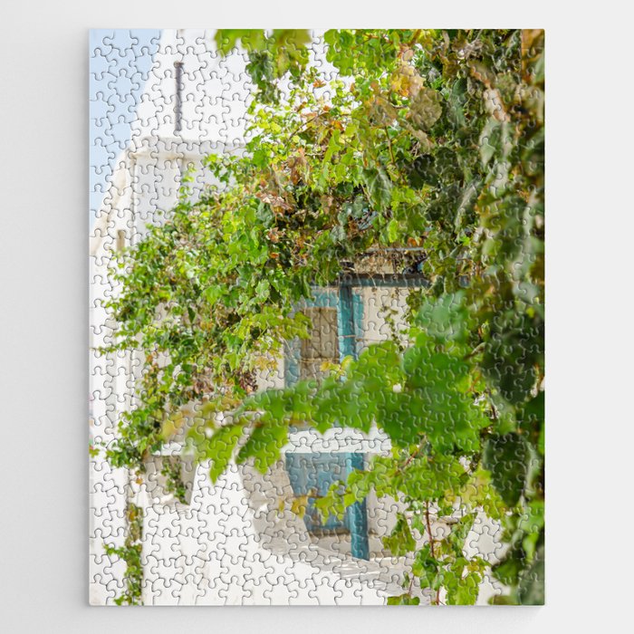 Greek Street Scene Full of Sun and Plants | Green and Blue Travel Photography | Cyclades, Greece Jigsaw Puzzle
