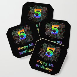 [ Thumbnail: 5th Birthday - Fun Rainbow Spectrum Gradient Pattern Text, Bursting Fireworks Inspired Background Coaster ]