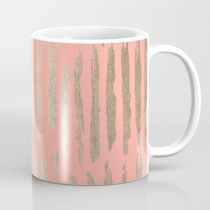 Vertical Dash Tahitian Gold on Coral Pink Stripes Coffee Mug