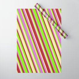[ Thumbnail: Green, Beige, Orchid, and Red Colored Lined Pattern Wrapping Paper ]