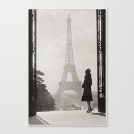 1920 Woman at the Gate, Eiffel Tower black and white photography / jazz age black & white photograph Canvas Print