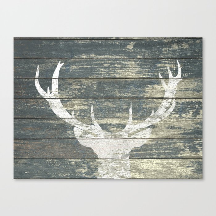 Rustic White Deer Silhouette Teal Wood A311 Canvas Print